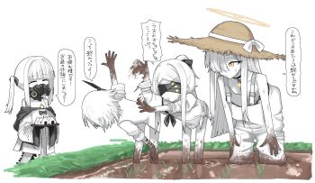 4girls bare_arms bare_shoulders bent_over blindfold blue_archive closed_eyes colored_skin covered_eyes covered_mouth dirty ein_(blue_archive) food hair_over_one_eye halo hat holding holding_tray long_hair malkuth_(blue_archive) mask mud multiple_girls ohr_(blue_archive) onigiri ookii_tsukemono respirator sof_(blue_archive) speech_bubble standing straw_hat translation_request tray white_hair white_skin yellow_eyes yellow_halo