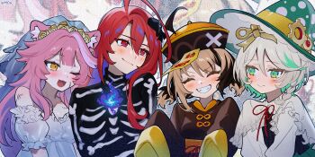 4girls ahoge animal_ears bridal_veil brown_eyes brown_hair cecilia_immergreen commentary elizabeth_rose_bloodflame english_commentary gigi_murin green_eyes green_hair grey_hair grin halloween halloween_costume hat highres holojustice hololive hololive_english jiangshi jiangshi_costume light_brown_hair moa_(21energy12) multicolored_hair multiple_girls panther_ears pink_hair raora_panthera red_eyes skeleton_costume sleeves_past_fingers sleeves_past_wrists smile smol_erb smol_gigi stitches twintails two-tone_hair veil virtual_youtuber winding_key witch_hat