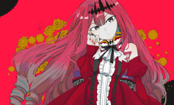 Rule 34 | 1girl, b maozi, baobhan sith (fate), baobhan sith (first ascension) (fate), bare shoulders, breasts, center frills, detached collar, detached sleeves, dress, earrings, fate/grand order, fate (series), frills, grey eyes, highres, jewelry, long hair, looking at viewer, medium breasts, pink hair, pointy ears, red dress, sidelocks, solo, tiara