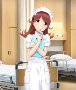 Rule 34 | 1girl, averting eyes, bed, black hairband, cabinet, clipboard, closed mouth, curtains, dot nose, dress, feet out of frame, game cg, hairband, hat, holding, holding clipboard, holding pen, hospital, hospital bed, indoors, long hair, nurse, nurse cap, official art, orange eyes, orange pupils, pen, red hair, short sleeves, sideways glance, solo, thinking, third-party source, toji no miko, toji no miko: kizamishi issen no tomoshibi, uruga nao, white dress, white hat