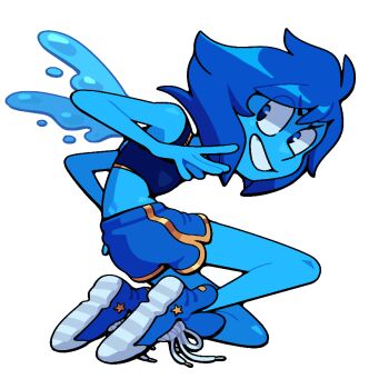 1girl blue_eyes blue_hair blue_skin breasts colored_skin crop_top discount-supervillain elemental_wings lapis_lazuli_(steven_universe) liquid_wings short_hair simple_background smile solo steven_universe water water_wings