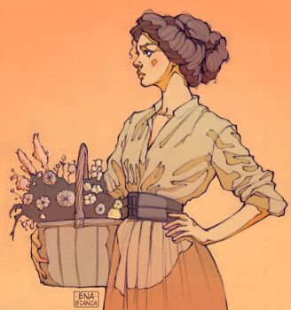 Rule 34 | 1girl, artist name, basket, collared shirt, commentary, ena bianca, english commentary, facing to the side, flower, hair bun, hand on own hip, holding, holding basket, lips, nail polish, narrow waist, nose, original, shirt, signature, simple background, sketch, skirt, solo, tagme, upper body