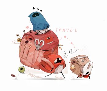 3girls artist_name backpack bag beads beamed_eighth_notes ben-day_dots black_eyes blue_cloak bottle brown_bag buttons character_doll chinese_commentary cloak closed_eyes commentary_request doll drink dust_cloud eighth_note english_text film_grain full_body highres hightguy hollow_knight hollow_knight:_silksong hood hooded_cloak hornet_(hollow_knight) horns large_bag looking_ahead looking_back motion_lines multiple_girls musical_note needle_(hollow_knight) pin_(hollow_knight) pinstress_(hollow_knight) red_bag red_cloak scissors screentones seamstress_(hollow_knight) sewing_pin simple_background sitting sleeping stilkin_(hollow_knight) walking white_background white_eyes yarn yarn_ball zzz