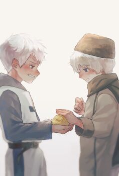 2boys aged_down axis_powers_hetalia baby_animal beak belt bird black_belt black_hat black_scarf black_shirt blush chick child clenched_hand coat commentary_request fingernails fur_hat gilbird grey_coat hair_between_eyes half-closed_eyes hands_up hat highres ho_gya1218 holding long_sleeves looking_at_animal looking_down male_focus multiple_boys pet prussia_(hetalia) purple_eyes red_eyes robe russia_(hetalia) scarf shirt short_hair simple_background smile standing sweatdrop teeth white_background white_hair white_robe