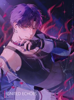 1boy black_choker black_tank_top blue_nails character_name choker covered_abs crop_top earrings hair_between_eyes highres jewelry looking_at_viewer love_and_deepspace male_focus nail_polish parted_lips purple_eyes purple_hair rafayel_(love_and_deepspace) shaiih_heladu short_hair smile solo tank_top upper_body
