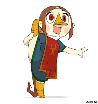 1girl beak blue_dress blush boots brown_hair dangerking11 dress headband highres holding_own_leg long_hair looking_at_viewer medli nintendo open_mouth orange_boots pointy_ears ponytail red_eyes red_tabard rito short_sleeves smile split standing standing_on_one_leg standing_split tabard the_legend_of_zelda the_legend_of_zelda:_the_wind_waker white_background