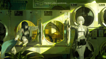 2girls absurdres bare_shoulders belt black_belt black_coat black_dress black_hair black_shorts blue_eyes book bookshelf breasts chair clothes_dryer coat collared_shirt cross-laced_clothes cross-laced_sleeves desk door double-parted_bangs dress floral_print garter_straps gold_necklace green_eyes gyoukan_(jfxc) hair_between_eyes hand_on_own_hip high_belt highres indoors jacket jewelry large_breasts laundromat laundry laundry_basket leaning_on_object long_hair long_hair_between_eyes looking_at_another multiple_girls multiple_necklaces necklace off-shoulder_jacket off_shoulder open_clothes open_coat open_door original pendant plant pleated_dress polka_dot round_door shirt short_hair shorts sleeveless sleeveless_dress small_breasts study_(room) sunlight thigh_strap through_door underbust untucked_shirt wallet_chain washing_machine white_hair white_jacket white_shirt wide_shot window