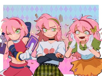1girl abs absurdres amy_rose annoyed asymmetrical_hair black_nails card choker crazy_eyes crazy_smile crop_top crossed_arms detached_sleeves dress ear_piercing eyebrow_piercing face_piercing fangs gloves green_eyes green_hairband hairband highres historiaallen humanization one_eye_closed open_mouth piercing pink_hair plaid_clothes plaid_skirt red_hairband red_skirt shirt short_hair skirt smile sonic_(series) tarot tarot_card torn_clothes torn_skirt upper_body white_gloves white_shirt yellow_shirt