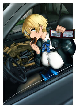 1girl black_jacket black_pantyhose blonde_hair blue_eyes blue_neckerchief blue_skirt breasts buckle button_gap car car_interior chest_harness collared_shirt commentary_request donut eating food food_on_face girls'_frontline hair_between_eyes hair_ornament harness highres holding holding_donut holding_food jacket large_breasts looking_at_viewer mercedes-benz mercedes-benz_190e miniskirt motor_vehicle neckerchief open_clothes open_jacket pantyhose pencil_skirt police_badge shirt short_hair sidelocks sitting skirt snap-fit_buckle snowflake_hair_ornament solo steering_wheel timmyyen vsk-94 vsk-94_(girls'_frontline) walkie-talkie weapon_bag white_shirt