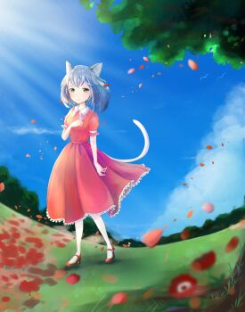 1girl animal_ears blue_hair blue_sky breasts cat_ears cat_girl cat_tail closed_mouth cloud commentary_request dress frilled_dress frills full_body green_eyes hand_on_own_chest highres kototomari light_rays looking_at_viewer nature original outdoors petals red_dress red_petals short_hair short_sleeves sky small_breasts socks solo standing tail white_socks
