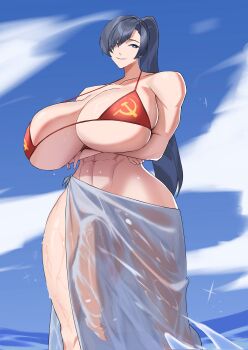 1futa abs absurdres arms_under_breasts athletic bikini bikini_top_only black_hair blue_eyes blue_sky breasts cloud cloudy_sky crossed_arms female_focus futanari highres huge_breasts huge_penis long_hair muscular muscular_female muscular_legs ocean ocean_background original penis ponytail sarong skimpy_outfit sky smile soviet soviet_flag_print standing standing_in_water standing_position swimsuit thick_thighs thighs toned toned_female towel towel_around_waist valentina_(nuclear-il2) wide_hips