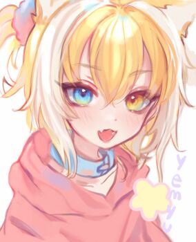 1girl blonde_hair blue_collar blue_eyes cloud_(lufaeris) collar double-parted_bangs fang hair_between_eyes heterochromia hood hoodie looking_at_viewer open_mouth original pink_hoodie short_hair simple_background skin_fang smile solo upper_body white_background yellow_eyes