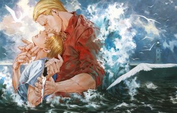 2boys blonde_hair blood bloody_knife bloody_weapon blue_eyes brown_hair closed_eyes closed_mouth cloud collared_shirt couple curtained_hair day godsstation highres jack_krauser knife leon_s._kennedy looking_at_another male_focus multiple_boys red_shirt resident_evil resident_evil_4 resident_evil_4_(remake) scar scar_across_eye scar_on_face scar_on_mouth shirt short_hair sky splashing water weapon white_shirt yaoi