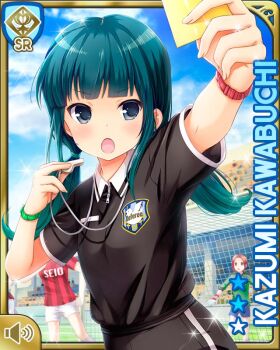:o black_eyes black_shirt black_shorts blue_hair card card_(medium) cardigan character_name girlfriend_(kari) holding holding_card holding_whistle kawabuchi_kazumi low_twintails official_art penalty_card qp:flapper referee shirt shorts soccer_field soccer_uniform solo_focus sportswear standing thighs twintails v-shaped_eyebrows watch whistle whistle_around_neck wristwatch