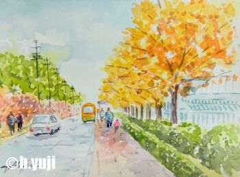 blue_sky building car commentary_request day flag motor_vehicle original painting_(medium) people road sidewalk sky traditional_media utility_pole van watercolor_(medium) yujicolor