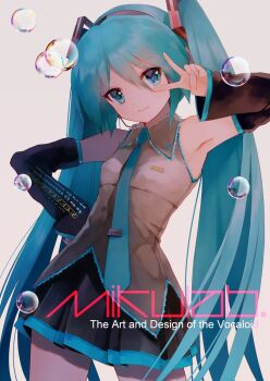 1girl aqua_eyes aqua_hair aqua_nails aqua_necktie aqua_trim arm_up armpits black_skirt breasts closed_mouth collared_shirt commentary_request detached_sleeves grey_shirt hair_between_eyes hair_ornament hatsune_miku highres long_hair long_sleeves looking_at_viewer miniskirt necktie pleated_skirt shirt skirt sleeves_past_wrists small_breasts solo takepon1123 twintails v very_long_hair vocaloid wide_sleeves