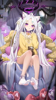 1girl :o absurdres ahoge alternate_costume alternate_hairstyle animal_ear_fluff animal_ears balloon bare_legs bell between_legs black_halo blue_archive blush bottomless breasts cardigan cat_ears cat_tail choker collarbone commentary demon_girl demon_horns demon_wings fangfangtu fingernails frilled_sleeves frilled_socks frills full_body green_nails hair_ornament hair_over_shoulder hairclip halo hand_between_own_legs hand_up heart heart_balloon heart_hair_ornament highres hina_(blue_archive) horns indoors jingle_bell kemonomimi_mode loli long_hair long_sleeves looking_at_viewer low_wings multicolored_nails multiple_hairclips multiple_horns no_shoes open_mouth parted_bangs paw_print paw_print_pattern pendant_choker pink_nails purple_choker purple_eyes sitting sleeves_past_wrists small_breasts socks soles star_(symbol) star_hair_ornament stuffed_animal stuffed_toy tail teddy_bear thighs twintails very_long_hair white_hair wings yellow_cardigan