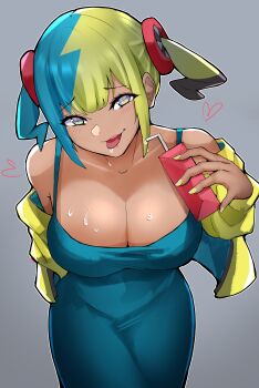 Rule 34 | 1340smile, 1girl, absurdres, alternate costume, aqua dress, aqua hair, blonde hair, blue eyes, blush, canari (pokemon), center-flap bangs, commentary, cropped jacket, dark-skinned female, dark skin, dress, drink carton, english commentary, half-closed eyes, heart, highres, holding, holding drink carton, holding juice box, jacket, juice box, long sleeves, multicolored hair, nintendo, no mask, pokemon, pokemon legends: z-a, raised eyebrows, short twintails, solo, split-color hair, sweat, taut clothes, taut dress, tongue, tongue out, twintails, yellow jacket