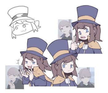 +++ 1girl :3 a_hat_in_time blue_eyes brown_hair cape child closed_mouth crying dot_nose fujimna hat hat_kid hat_ribbon index_finger_raised jacket lapwing_(vrchat) long_sleeves looking_at_viewer medium_hair multiple_views open_mouth ponytail purple_hat purple_jacket reference_inset ribbon sidelocks smile teeth top_hat upper_teeth_only vrchat white_background yellow_cape yellow_ribbon zipper zipper_pull_tab