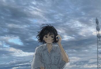 1girl adjusting_hair black_eyes black_hair breast_pocket closed_mouth cloud cloudy_sky collared_shirt highres izumi_mizu1001 messy_hair original outdoors overcast photo_background pocket power_lines shirt sky solo upper_body