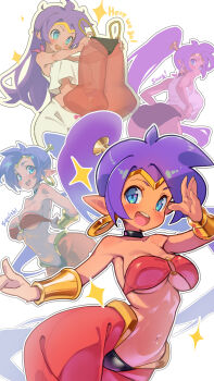 1girl bandeau bare_shoulders black_choker black_panties blue_eyes breasts choker circlet cleavage collarbone dark-skinned_female dark_skin dressing earrings from_behind gold_bracer gold_circlet gold_earrings harem_pants high_ponytail highres holding_pants hoop_earrings jewelry large_breasts life_is_pi long_hair looking_at_viewer midriff multiple_views navel o-ring o-ring_top open_mouth pajamas panties pants pointy_ears ponytail purple_hair red_bandeau red_pants see-through_clothes see-through_legwear shantae shantae_(series) smile solo sparkle teeth underwear unworn_pants very_long_hair white_background white_pajamas