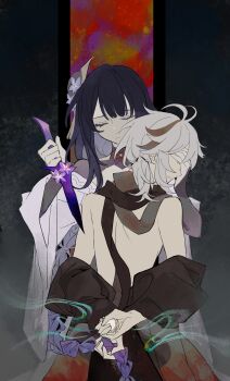 1boy 1girl absurdres ahoge aimieria arms_behind_back back bare_shoulders black_background blunt_bangs braid closed_eyes closed_mouth couple covering_another's_eyes duplicate bad_tag from_side genshin_impact hair_between_eyes hair_ornament highres holding holding_another's_hair holding_weapon japanese_clothes kaedehara_kazuha long_hair mole mole_under_eye multicolored_hair neck_ribbon ponytail purple_hair raiden_shogun red_hair ribbon scarf short_ponytail single_braid standing vision_(genshin_impact) weapon white_hair