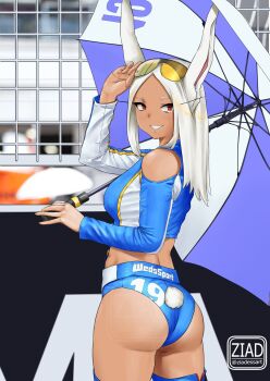 1girl alternate_costume animal_ears ass bikini blue_bikini blue_jacket boku_no_hero_academia breasts clothing_cutout commentary cowboy_shot cropped_jacket eyewear_on_head from_behind grey_hair hand_up highres holding holding_umbrella jacket large_breasts long_eyelashes long_hair long_sleeves looking_at_viewer looking_back mirko multicolored_jacket outdoors rabbit_ears rabbit_girl rabbit_tail race_queen red_eyes shoulder_cutout smile solo sunglasses swimsuit tail tinted_eyewear twitter_username two-tone_jacket umbrella watermark white_hair white_jacket ziadessart