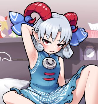 1girl alarm_clock arm_behind_head arm_up armpits bare_shoulders blue_dress blush clip_studio_paint_(medium) clock commentary_request curled_horns dress earrings frown grey_hair highres hoop_earrings horn_ornament horn_ribbon horns indoors jewelry knee_up looking_at_viewer making-of_available parted_bangs pointy_ears presenting_armpit red_eyes red_horns ribbon sheep_horns short_hair sitting sleeveless sleeveless_dress smell solidus_(sword_cube) solo sweat textless_version touhou toutetsu_yuuma v-shaped_eyebrows variant_set