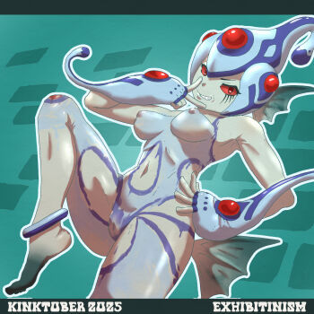 1girl ass bodypaint breasts curvy digimon highres leg_lift looking_at_viewer naughty_face nipples nude painted_clothes pussy ranamon shiny_skin smile wide_hips