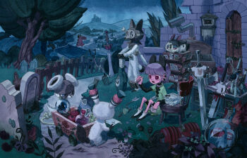 1girl animal animal_ears arrow_(projectile) axe bike_shorts black_footwear bloomers bottle building bush cactus child choker dress ear_piercing fake_animal_ears fence flyer food fruit goggles grass green_dress highres hill kou.k lime_(fruit) mask on_ground open_mouth original outdoors piercing pitchfork planted planted_sword planted_weapon purple_hair sitting socks stamp sword underwear wagon weapon weapon_on_back