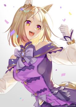 1girl akatsuki_(kuon) animal_ears bare_shoulders blonde_hair blush bow breasts collarbone commentary_request confetti dress ear_covers gloves horse_ears horse_girl horse_tail long_sleeves medium_breasts narita_top_road_(the_proud_road)_(umamusume) narita_top_road_(umamusume) open_mouth purple_bow purple_dress purple_eyes short_hair simple_background single_ear_cover smile solo tail teeth umamusume upper_teeth_only