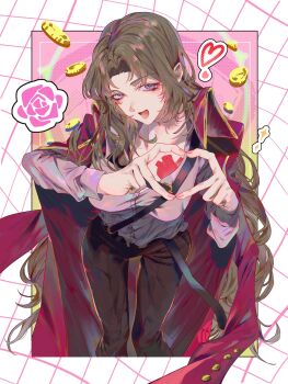 1girl black_pants blue_eyes breasts brown_hair coat coat_on_shoulders coin collared_shirt flower gold_trim hair_intakes heart heart_hands highres klack_rodyalove lapels large_breasts limbus_company long_hair open_mouth pants pink_coat pink_flower pink_rose pink_shirt project_moon rodion_(project_moon) rose rosespanner_workshop_(identity)_(project_moon) shirt smile solo very_long_hair