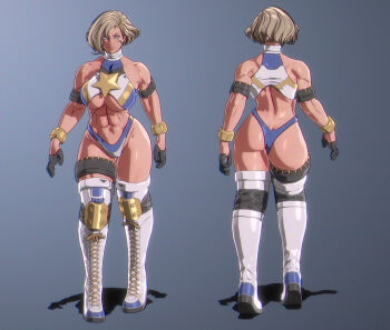 1girl 2022 3d abs arm_at_side ass bare_shoulders bikini black_gloves blonde_hair blue_background blue_bikini blue_eyes blue_trim boots bracelet breasts closed_mouth commentary contrapposto dark_skin dimples_of_venus elbow_pads english_commentary eromancer facial_mark female_focus gloves gradient_background groin half_gloves halterneck highres huge_ass jewelry knee_pads lace-up_boots legs_apart lips looking_at_viewer multicolored_boots multiple_views muscular muscular_female muscular_legs navel official_art open_hand pure_onyx reference_sheet semira_(pure_onyx) serious shiny_skin short_hair simple_background standing star_(symbol) swept_bangs swimsuit thick_thighs thighlet thighs turnaround two-tone_boots underboob white_bikini wrestling_outfit xxoom