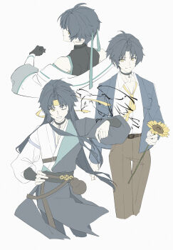 1boy absurdres alternate_costume animal_on_arm asaba_harumasa belt bingzhen_h2o bird bird_on_arm black_choker black_gloves black_hair black_shirt brown_pants choker closed_mouth clothes_around_waist collarbone commentary_request flower gloves gourd hand_on_own_hip headband highres holding holding_flower jacket long_hair looking_at_animal looking_back male_focus multiple_views necktie one_eye_closed pants parted_bangs parted_lips shirt shirt_tucked_in short_hair simple_background sleeveless sleeveless_shirt smile sunflower white_background white_jacket white_shirt wristband yellow_eyes yellow_headband yellow_necktie zenless_zone_zero