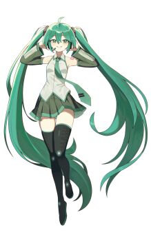 1girl ahoge aqua_eyes aqua_hair aqua_necktie aqua_trim arms_behind_head bare_shoulders black_boots black_sleeves black_thighhighs boots breasts collared_shirt detached_sleeves double-parted_bangs frilled_shirt_collar frills full_body grey_shirt hair_between_eyes hair_ornament hatsune_miku headset highres long_hair looking_at_viewer mottoyo necktie number_tattoo parted_lips pleated_skirt shirt shoulder_tattoo simple_background skirt sleeveless sleeveless_shirt sleeves_past_wrists small_breasts smile solo standing tattoo thigh_boots thighhighs twintails very_long_hair vocaloid white_background zettai_ryouiki