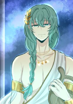 Rule 34 | 1boy, absurdres, ancient greek clothes, blue sky, closed mouth, commentary request, galaxy, greco-roman clothes, green eyes, green hair, highres, holding, holding instrument, holding lyre, instrument, koruri456, laurel crown, long hair, looking at viewer, lyre, mahjong soul, male focus, mole, mole under eye, nipples, sammir (mahjong soul), sky, smile, solo, star (sky), starry sky, toga, upper body