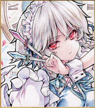 1girl absurdres analog_clock between_fingers bow braid breasts clock colored_pencil_(medium) commentary_request commission dated green_bow grey_hair hair_bow highres holding holding_knife izayoi_sakuya knife knives_between_fingers large_breasts long_hair looking_at_viewer maid maid_headdress monety pink_nails red_eyes roman_numeral shikishi signature solo touhou traditional_media twin_braids wrist_cuffs