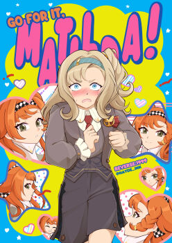 Rule 34 | 2girls, blue background, blue eyes, blue hairband, blush, braid, braided sidelock, checkered hairband, collared shirt, commentary, copyright name, english commentary, english text, ganbare! nakamura-kun!!, ganbare! nakamura-kun!! cover parody, green eyes, grey hair, grey shorts, grey sweater, hairband, hayde ink, heart, high collar, highres, looking at viewer, matilda bouanich, multiple girls, multiple views, necktie, nervous sweating, one side up, open mouth, orange hair, overall shorts, overalls, parody, red necktie, reverse:1999, shirt, short eyebrows, shorts, sonetto (reverse:1999), star (symbol), sweat, sweater, twitter username, two-tone background, two side up, v-shaped eyebrows, white shirt, yellow background, yuri