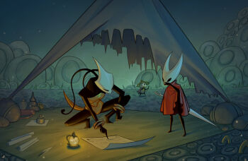 1boy 2girls arthropod_girl bracelet cape cave cloak full_body hat highres hollow_knight hollow_knight:_silksong hornet_(hollow_knight) jewelry map_(object) mthsmelo multiple_girls needle_(hollow_knight) pointing pointing_down red_cloak shakra_(hollow_knight) sherma_(hollow_knight) squatting standing