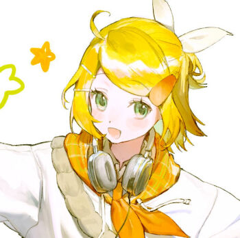 1girl ascot blonde_hair bow eyelashes from_above green_eyes hair_bow half_updo hood hoodie kagamine_rin light_blush looking_at_viewer looking_up open_mouth orange_ascot orange_hood plaid_ascot plaid_clothes pogpa47985618 ponytail short_hair smile solo swept_bangs vocaloid white_bow white_hoodie