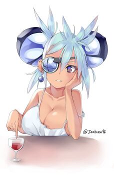 1girl bad_id bad_twitter_id blue_eyes breasts cleavage cup dark-skinned_female dark_skin drinking_glass eyepatch female_focus head_rest j@ck large_breasts long_hair looking_at_viewer nintendo open_mouth praxis_(xenoblade) simple_background smile solo white_background wine_glass xenoblade_chronicles_(series) xenoblade_chronicles_2