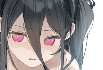 1girl @_@ aris_(blue_archive) black_hair black_hairband blue_archive close-up hair_between_eyes hairband higa_(gominami) highres kei_(blue_archive) long_hair looking_to_the_side one_side_up open_mouth parted_lips pink_eyes portrait ringed_eyes simple_background solo white_background