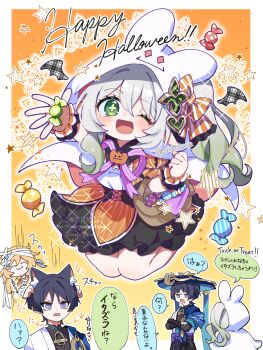 1boy 2girls ;d absurdres alternate_costume animal_ear_fluff animal_ears animal_hood aqua_kimono aranara_(genshin_impact) armor asymmetrical_sidelocks bandage_on_hair bandaged_head bandaged_torso bandages bat_wings belt black_belt black_bodysuit black_corset black_hair black_scrunchie black_shorts black_skirt blonde_hair blue_cape blue_hat blush bodysuit bow bridal_gauntlets candy candy_wrapper cape cat_ears clenched_hand cloak closed_eyes closed_mouth commentary_request corset crossed_arms detached_wings dress eyelashes eyeliner eyeshadow flower food frilled_skirt frills genshin_impact gradient_hair green_eyes green_hair green_pupils grey_eyes hair_between_eyes hair_flower hair_ornament halloween halloween_costume han&#039;eri hands_on_another&#039;s_head happy_halloween hat highres hood hooded_cloak jack-o&#039;-lantern jack-o&#039;-lantern_ornament japanese_armor japanese_clothes jingasa jitome jumping kimono kote kurokote lace layered_clothes layered_kimono long_hair looking_at_another looking_at_viewer lumine_(genshin_impact) makeup mandarin_collar midair multicolored_hair multiple_girls mummy_costume nahida_(genshin_impact) oishii_sasa one_eye_closed open_clothes open_hand open_kimono open_mouth orange_dress orange_scrunchie purple_bow purple_ribbon purple_rope red_eyeliner red_eyeshadow ribbon rope scaramouche_(genshin_impact) scrunchie short_hair short_hair_with_long_locks shorts side_ponytail sidelocks sideways_glance skirt smile star_(symbol) striped_wings tongue translation_request vision_(genshin_impact) wanderer_(genshin_impact) white_cloak white_flower white_hood white_kimono white_trim wide-eyed wings wrist_scrunchie