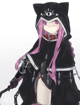 1girl arm_guards armor black_cloak black_leotard breasts cloak collar commentary_request fate/grand_order fate_(series) faulds forehead hood hooded_cloak leotard long_hair looking_at_viewer medusa_(fate) medusa_(lancer)_(fate) parted_bangs polearm purple_eyes purple_hair rider sidelocks small_breasts solo thighs weapon yubeshi_(zecxl)