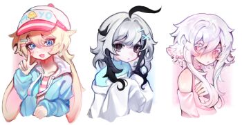 3girls absurdres ahoge bare_shoulders black_hair blonde_hair blue_eyes blue_jacket closed_mouth cloud_(lufaeris) commentary cropped_torso double-parted_bangs hair_between_eyes hair_ornament hand_up hat highres hood hoodie index_finger_raised jacket long_hair looking_at_viewer multiple_girls open_clothes open_jacket open_mouth original pink_eyes pink_shirt shirt sidelocks simple_background smile symbol-only_commentary white_background white_hair white_hat white_hoodie x_hair_ornament