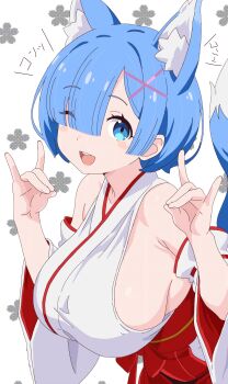 1girl ;d alternate_costume animal_ears blue_eyes blush_stickers breasts commentary_request detached_sleeves double_fox_shadow_puppet fox_ears fox_girl fox_shadow_puppet fox_tail highres japanese_clothes kemonomimi_mode kimono large_breasts looking_at_viewer miko one_eye_closed open_mouth re:zero_kara_hajimeru_isekai_seikatsu rem_(re:zero) remnia short_hair smile solo tail teeth upper_teeth_only white_background white_kimono white_sleeves