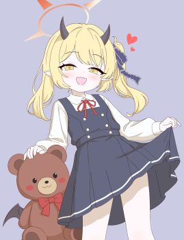 1girl absurdres blonde_hair blue_archive blush clothes_lift commentary demon_girl demon_horns flat_color grey_background half-closed_eyes heart highres horns ibuki_(blue_archive) korean_commentary lifting_own_clothes looking_at_viewer open_mouth school_uniform sheung side_ponytail simple_background skirt skirt_lift smug solo stuffed_animal stuffed_toy teddy_bear thighs yellow_eyes