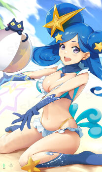 1girl ball beachball bikini blue_bikini blue_eyes blue_gloves blue_hair blue_sky blue_thighhighs breasts cleavage cloud double_bun elbow_gloves frilled_bikini frills gloves hair_bun hair_ornament highres looking_at_viewer medium_breasts milulun_(wixoss) nagi-kaze navel open_mouth outdoors sky smile solo star_(symbol) star_hair_ornament swimsuit teeth thighhighs twintails upper_teeth_only wixoss