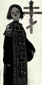 1other absurdres arecibo_message black_robe crazy_eyes cross embroidery grin highres jokioro map monk original orthodox_cross pangea_(map) priest robe smile solo space_station world_map