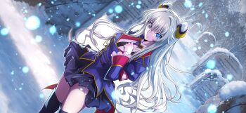 1girl armband black_necktie blonde_hair blue_eyes breasts clothes_lift code_geass code_geass:_boukoku_no_akito code_geass:_lost_stories cone_hair_bun double_bun f4samurai game_cg hair_bun highres leila_malcal long_hair looking_at_viewer medium_breasts military_uniform necktie official_art red_armband simple_background skirt skirt_lift sleeves_past_wrists smile solo thighhighs upper_body zettai_ryouiki